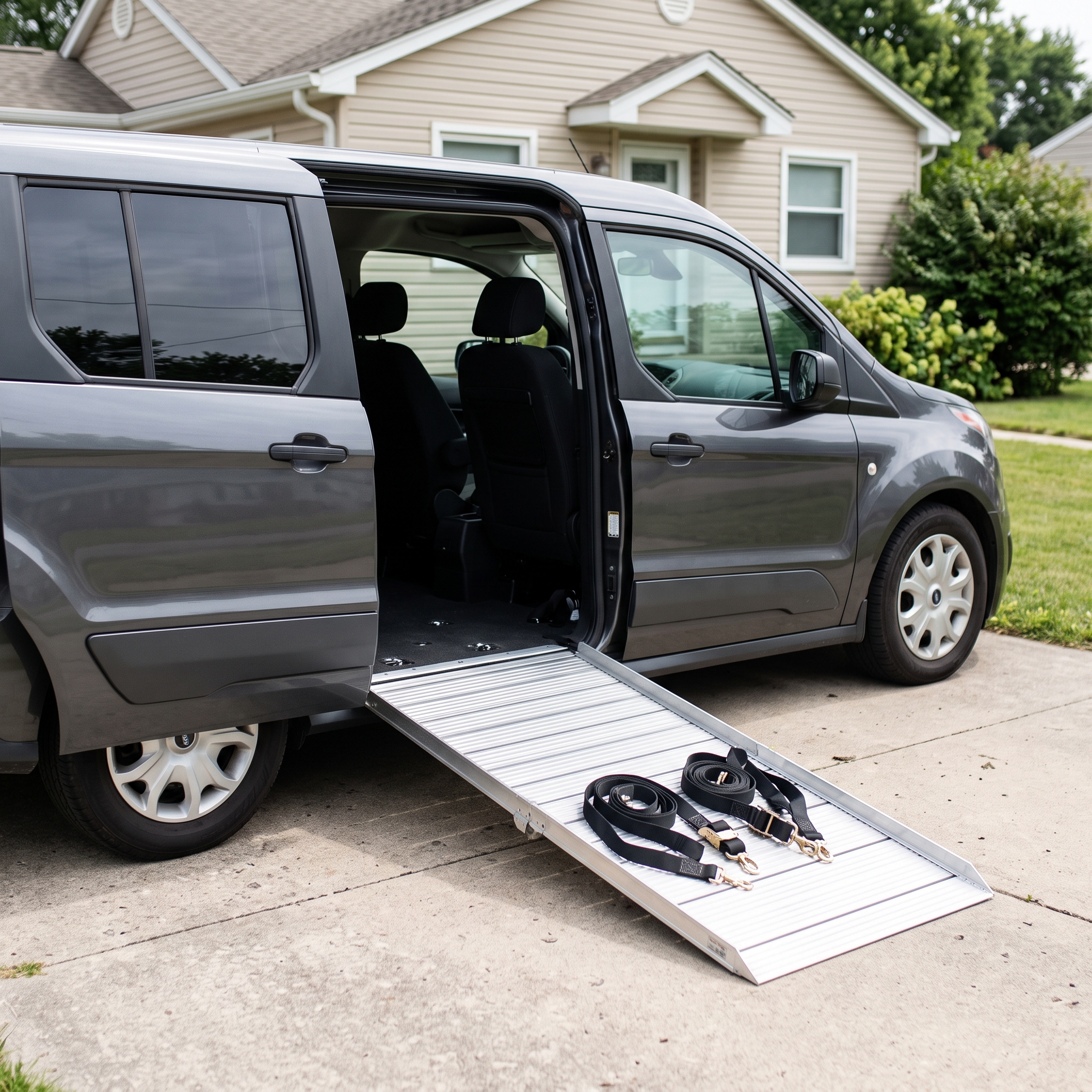 A wheelchair-accessible van with its ramp deployed is what a Medicaid transportation broker dispatches, at no cost, once a ride is booked.