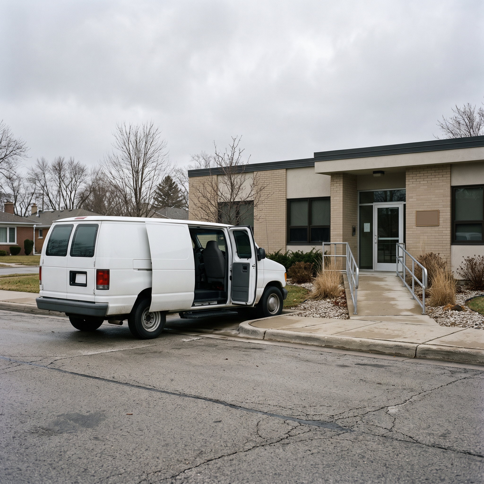 The van picking her up is itself a covered PACE benefit, not a separate errand she has to arrange.