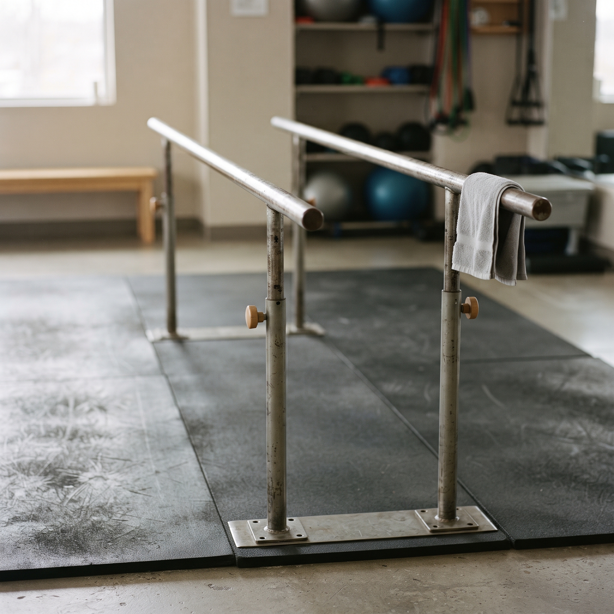 The parallel bars sit empty between sessions, a reminder that the therapy itself, not the calendar, is what keeps Medicare coverage running.
