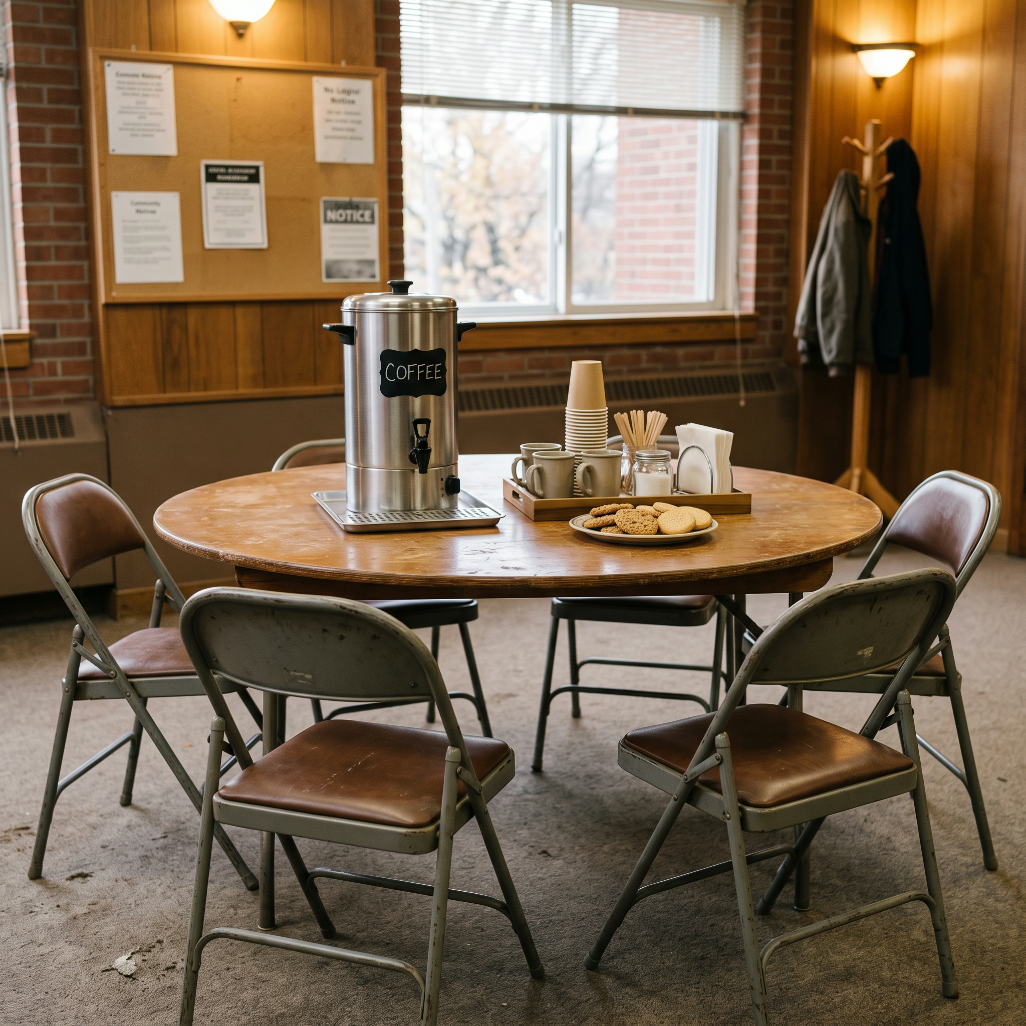 A community room set up before a scheduled social gathering, the kind of low-cost programming that a supportive service budget funds directly inside the building.