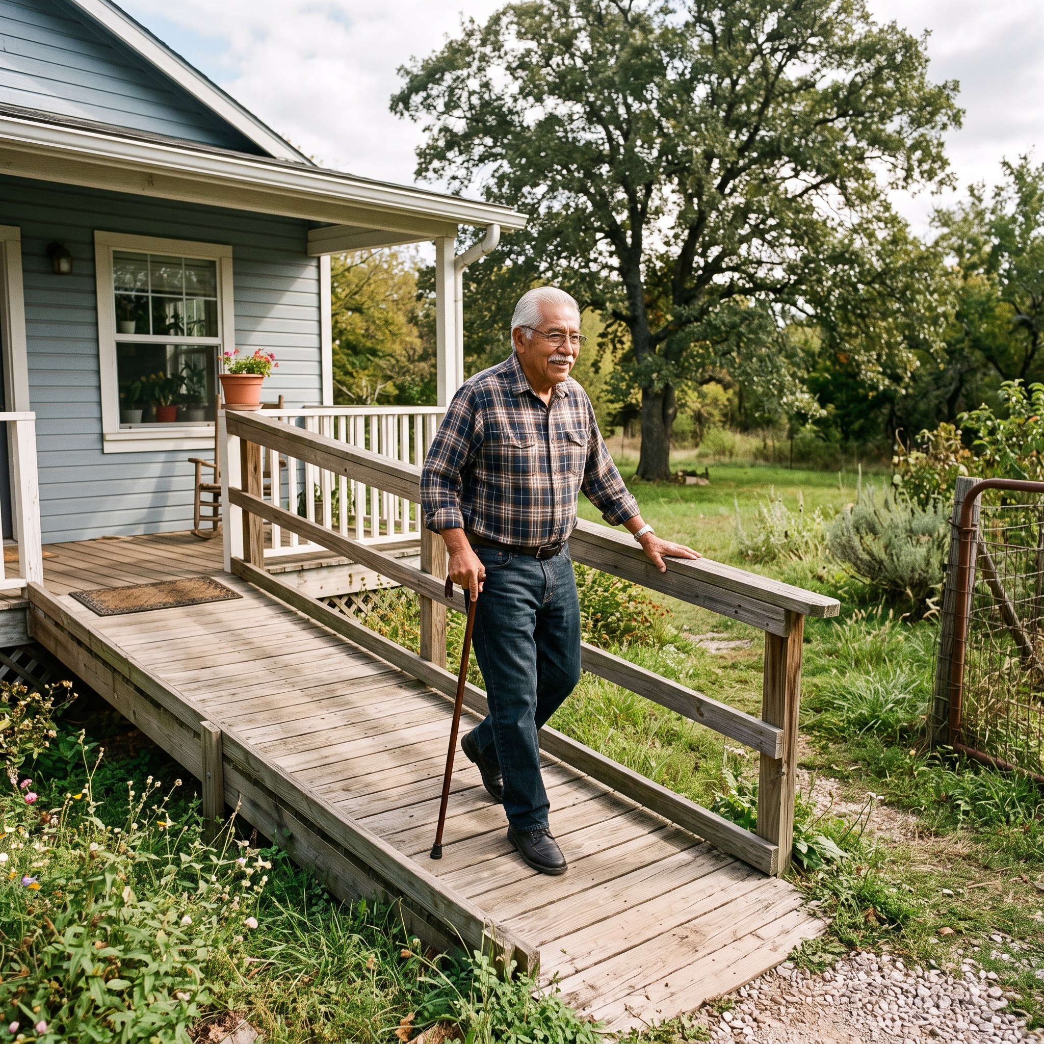 A ramp like this one can qualify for a federal loan, a grant, or a Medicaid waiver benefit, depending on where the homeowner lives and what their income looks like.
