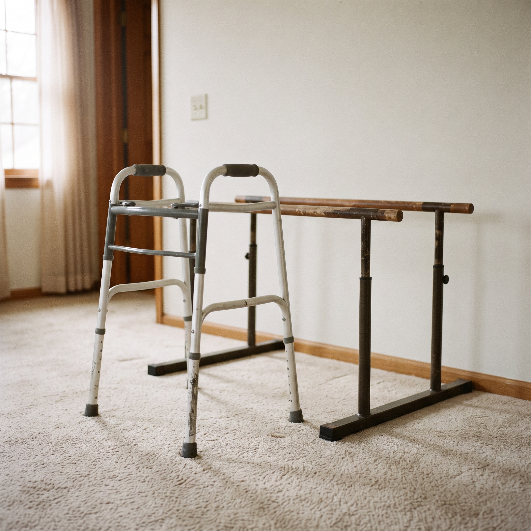 A walker and parallel bars set up for in-home physical therapy, the kind of skilled-care visit Medicare's home health benefit is actually built to pay for.