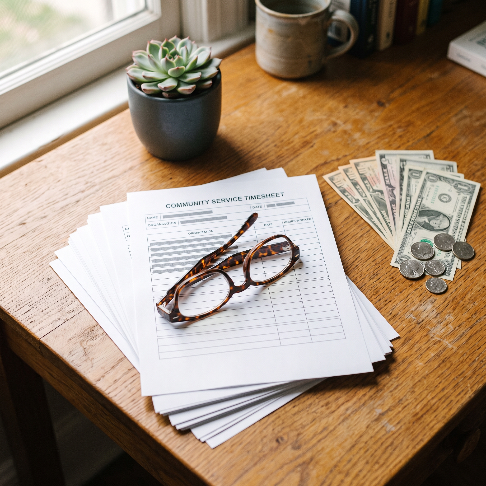A timesheet and a modest stack of cash stand in for the paid, hour-tracked nature of an SCSEP placement, not a volunteer arrangement.