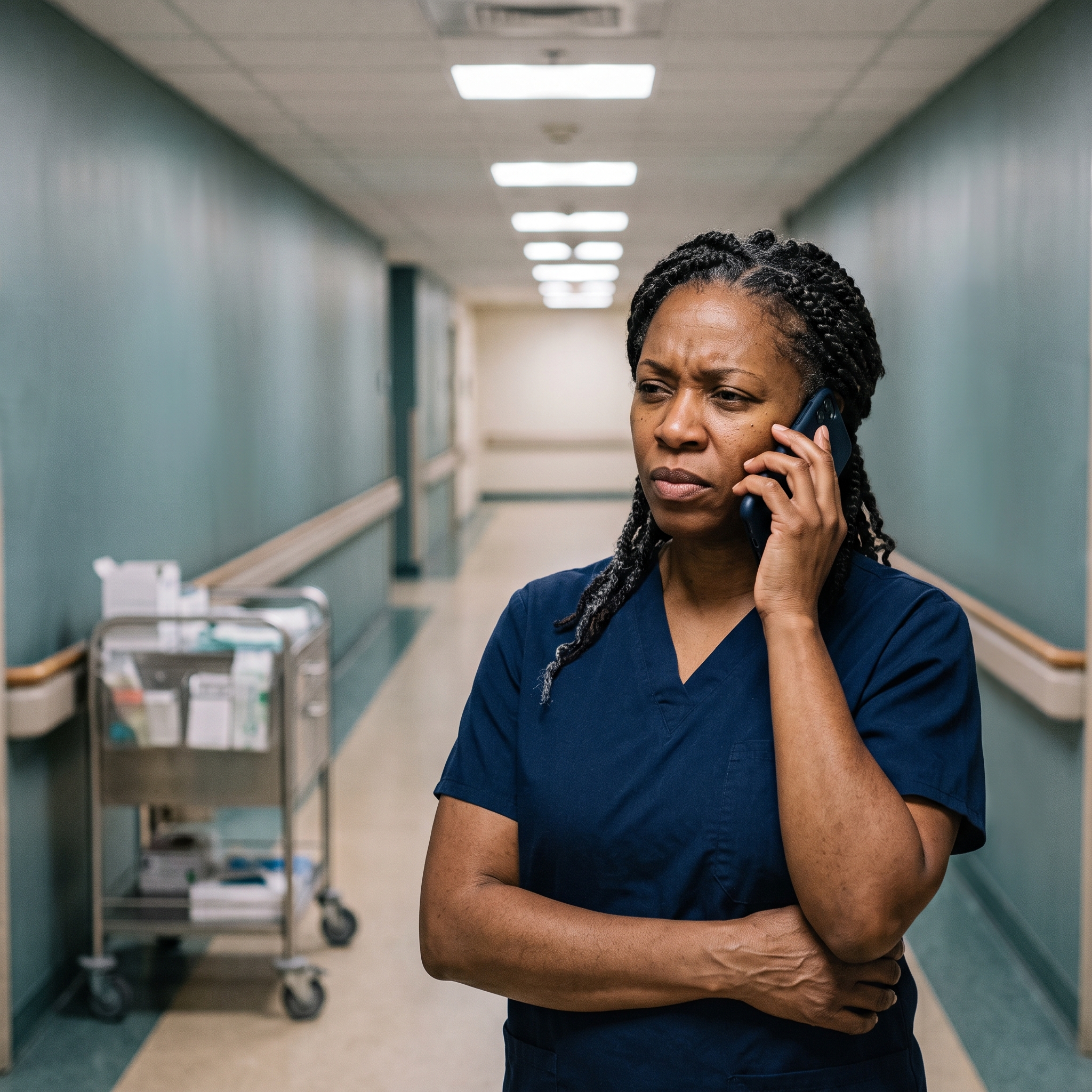 A caregiver on the phone with hospital staff who cannot legally share information without the right document on file, even for an adult child.